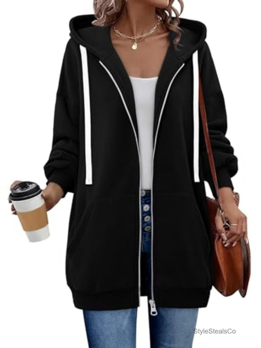 Oversized Zip Up Hoodie Fleece Jacket with Pockets Casual Y2K